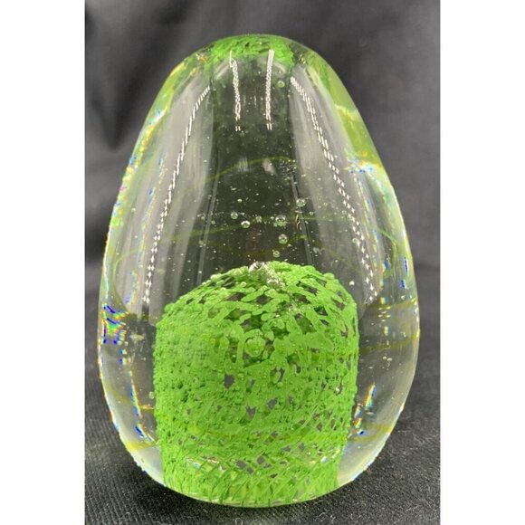 Art Glass Egg Paperweight Clear Green Lattice Weave 3" - Picture 2 of 7